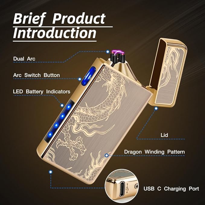 LcFun Plasma Lighter USB Type C Rechargeable Lighters Flameless Electric Lighter Windproof Dual Arc Lighter with LED Battery Indication for Candles, Outdoor Camping, Fireworks (Gold Dragon)