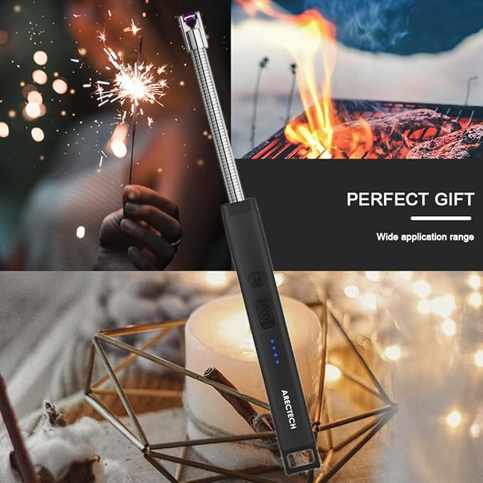 ARECTECH Lighter Candle Lighter Electric Lighter Rechargeable USB Arc Lighters for Candle Camping Fireworks Christmas Birthday Gifts with LED Light for Men Women Black