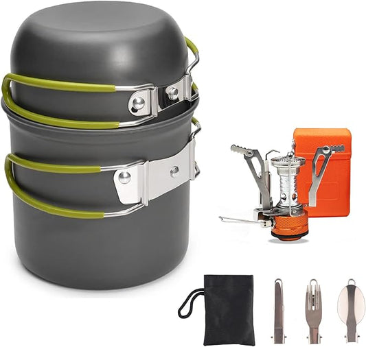 Camping Cookware Set Portable Backpacking Stove Kit, Mini Camp Stove with Non-Stick Lightweight Pots Pans and Stainless Steel Fork Knife Spoon for Outdoor Camping Hiking Cooking Gear