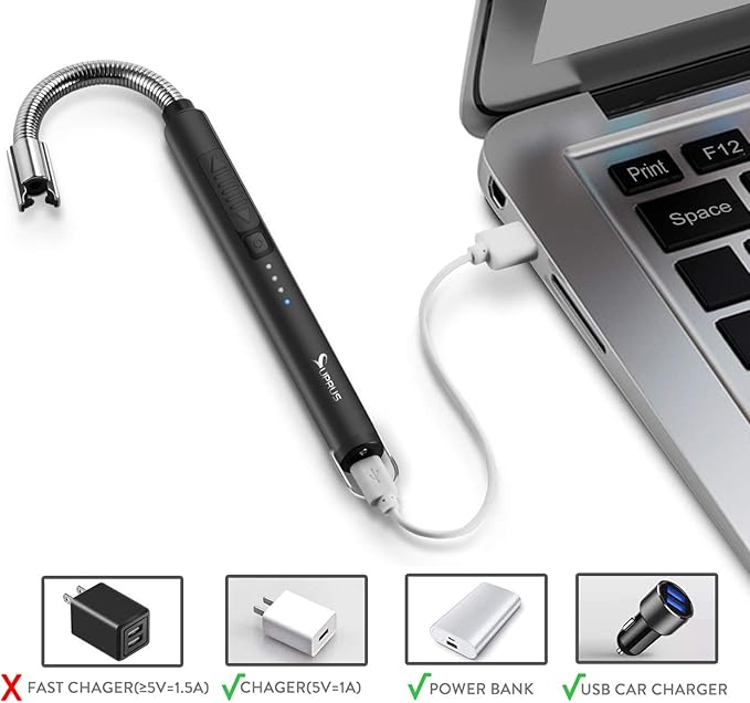 SUPRUS Electric Lighter Candle Lighter USB Type C Rechargeable Lighter Steel Shell & Hanging Hook with 360° Flexible Neck(Black)