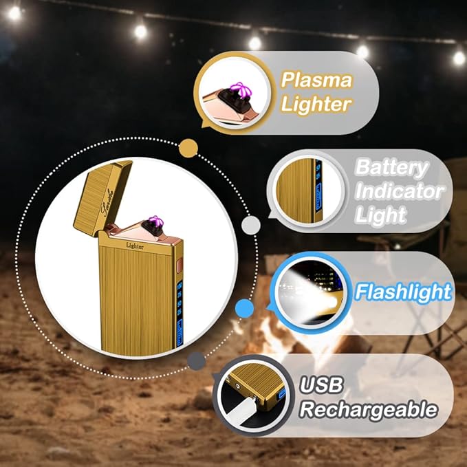 Electric Lighter USB Rechargeable Lighter, Windproof Plasma Dual Arc Lighter, Flameless Cool Lighters with LED Battery Indication for Candles, Incense Stick, Outdoor Camping (Gold)