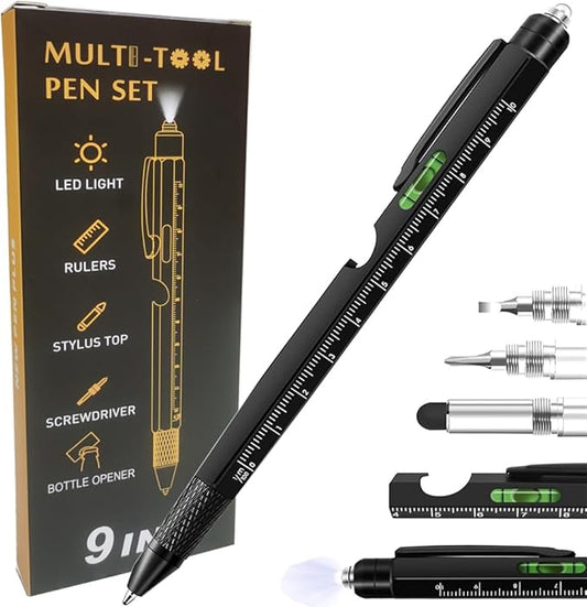 9 in 1 Multitool Pen, Stocking Stuffers Gifts Unique Christmas Birthday Multi Tool Pen for Men Dad Husband Who Have Everything, Cool Gadgets Pocket Multi Tool (Black)