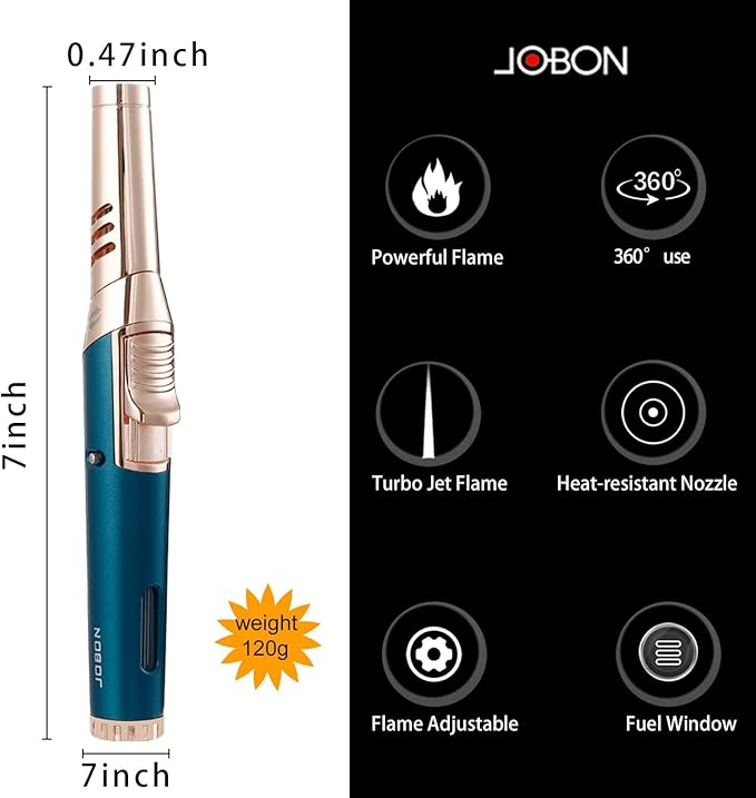 JOBON Torch Lighter, Adjustable Rotatable Lockable Jet Flame Refillable Long Pen Lighter with Gas Window for Candle Grill Baking Camping (Butane Not Included) (Dark Green)