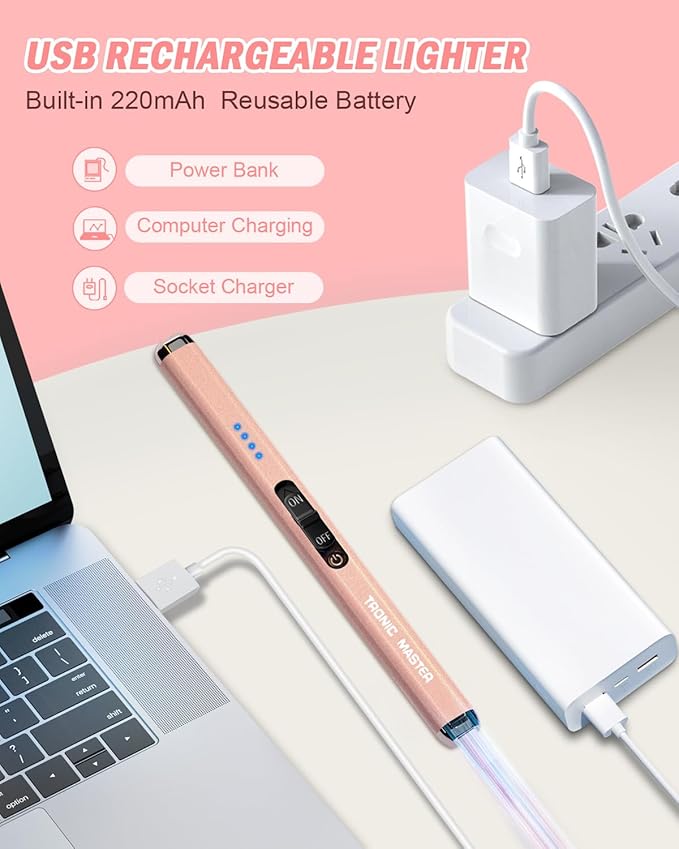 Electric Candle Lighter Rechargeable Lighters - Dual Arc Plasma Lighter Windproof & Flameless with Double Safety Switch(Rose Gold)