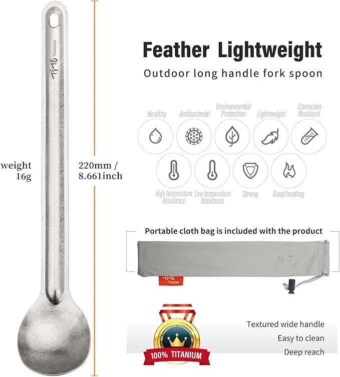 TiTo Titanium Long Handle Spork and Spoon Eco-Friendly Ultralight Portabale Flatware for Outdoor Camping Backpacking Hiking Travel Picnic Tableware with Bag (Bright Titanium Spoon)