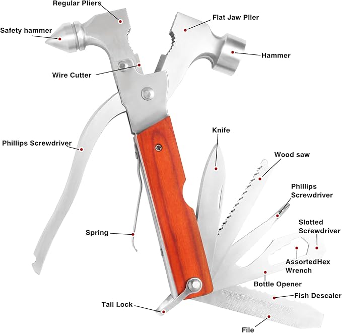 Multi-Purpose Outdoor Tools, Camping Gear Multi-Tools, 16-in-1 Camping Accessories Multi-Tool Hammers, Easy to Carry Camping Tools including Safety Hammers, Pliers, Bottle Openers, etc.