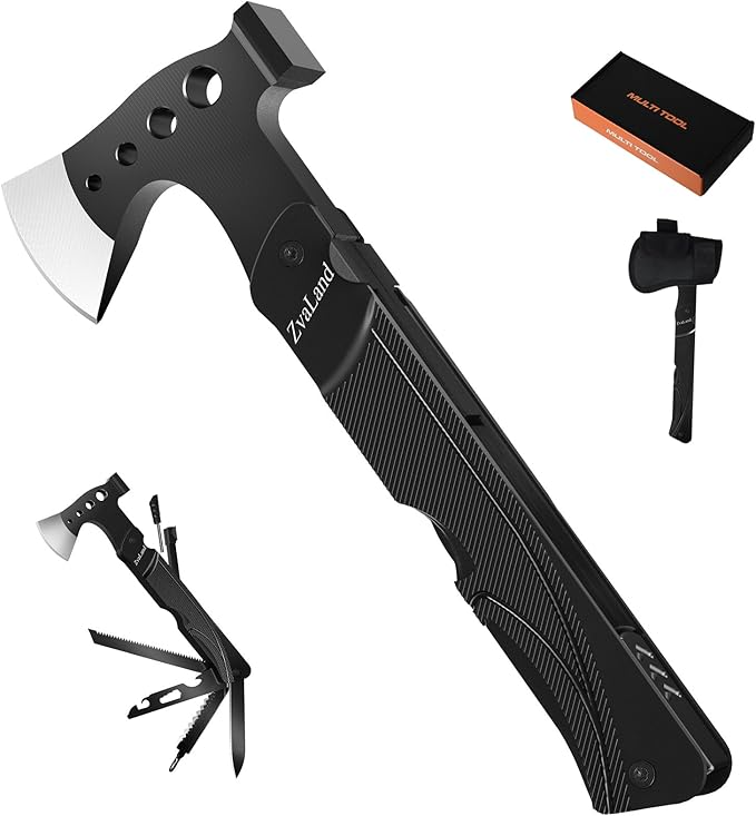 Adventure Multitool Axe Set - 14-in-1 Survival Hatchet for Camping, Hiking, Fishing. Axe, Hammer, Knife, Saw, Opener, Fire Starter, Whistle. Unique and Versatil Gift for Men