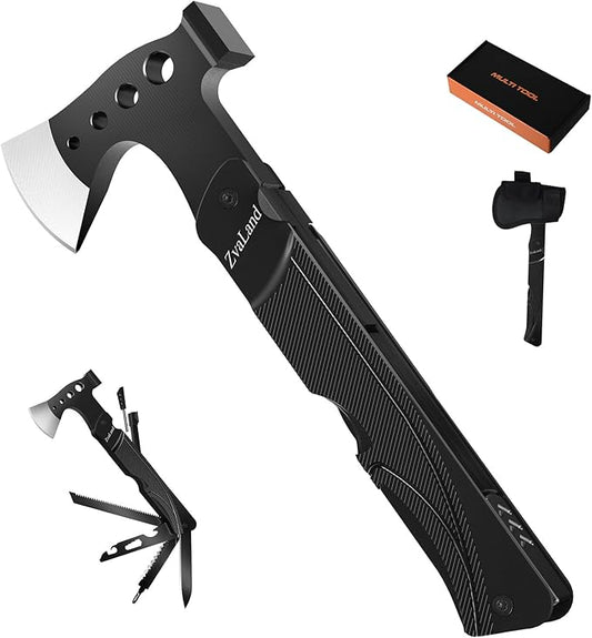 Adventure Multitool Axe Set - 14-in-1 Survival Hatchet for Camping, Hiking, Fishing. Axe, Hammer, Knife, Saw, Opener, Fire Starter, Whistle. Unique and Versatil Gift for Men