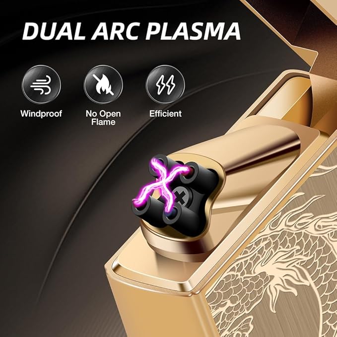 LcFun Plasma Lighter USB Type C Rechargeable Lighters Flameless Electric Lighter Windproof Dual Arc Lighter with LED Battery Indication for Candles, Outdoor Camping, Fireworks (Gold Dragon)