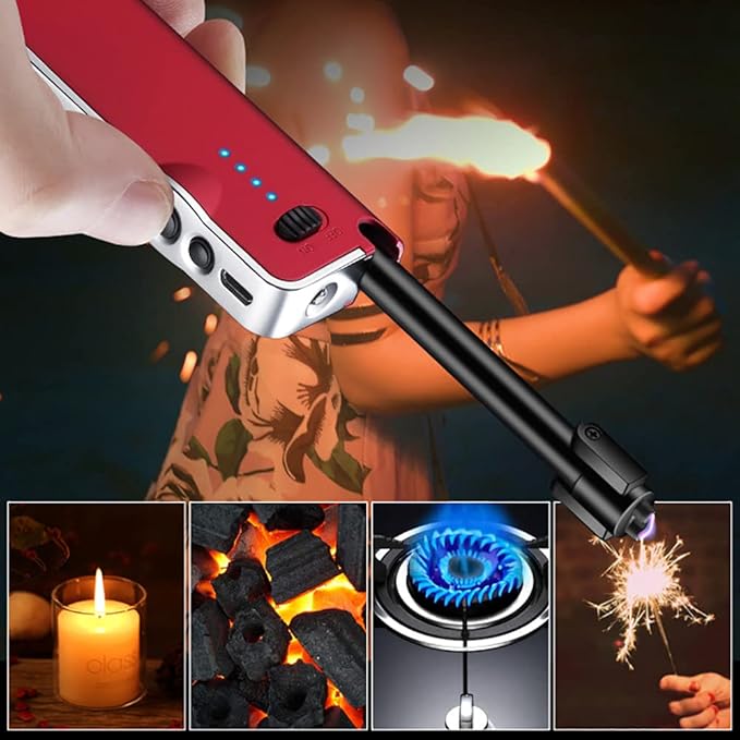YOZWOO Electronic Candle Lighter Rechargeable USB Lighter Plasma Arc Lighters Long No Butane Lighter Flameless Lighter with LED Battery Indicator Retractable Design for Candles, Cooking, BBQ (Red)