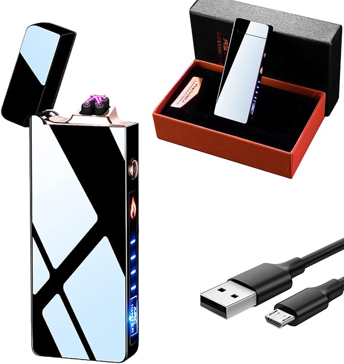 GADATOP Arc Lighter Rechargeable Windproof Flameless Electric Lighters for Outdoors Camping Hiking, Plasma Lighter with LED Battery Indicator and Gift Box (Black)