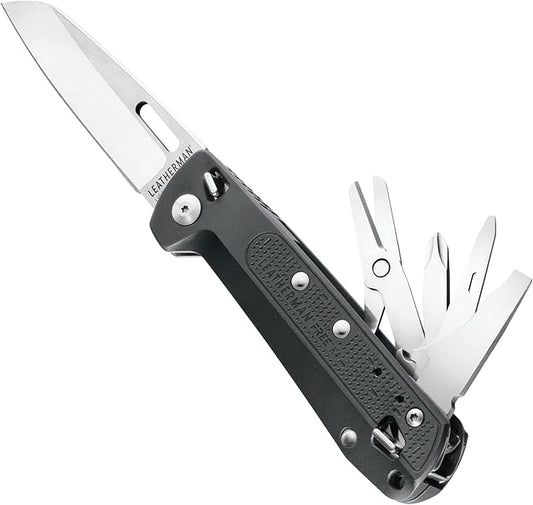 LEATHERMAN, FREE K4 EDC Pocket Multitool with Knife, Magnetic Locking, Aluminum Handles and Pocket Clip, Made in the USA, Gray (K4)