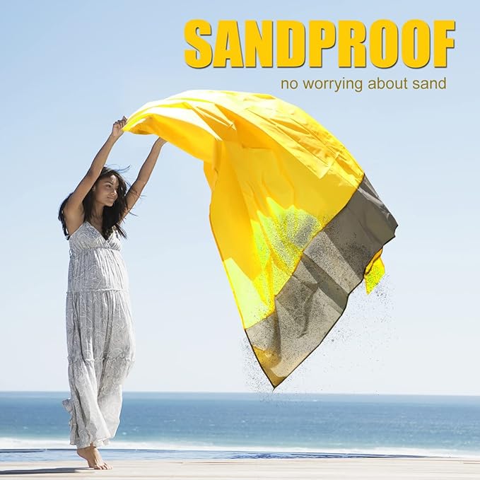 Yonge & Finch Large Beach Blanket Sandproof Heat-Resistent Beach Mat Machine Washable Camp Blanket Packable Pocket Blanket Waterproof Outdoor Blanket Fit 4-7 Persons 83 * 79inch Yellow