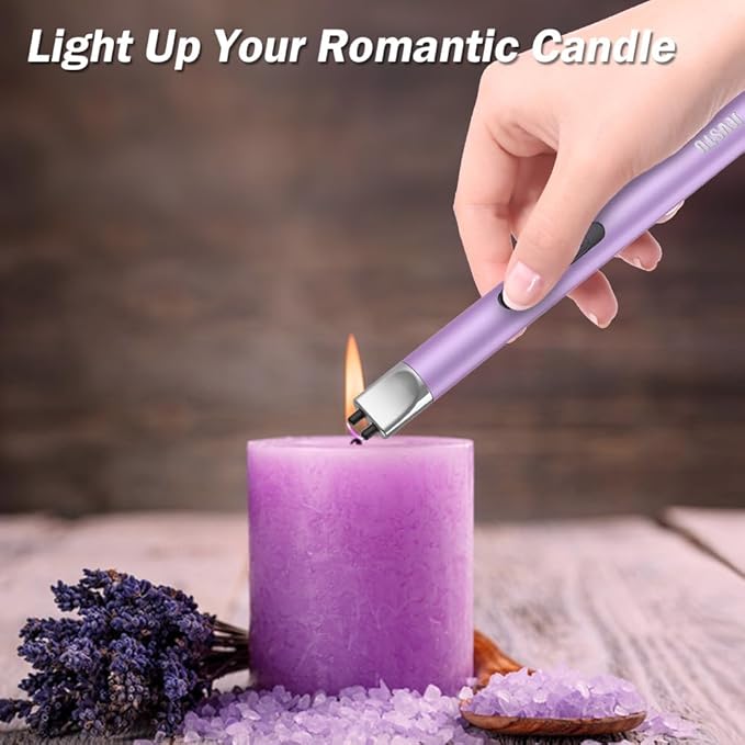 Candle Lighter, Electric Lighter Rechargeable USB Lighter, Arc Windproof Flameless Plasma Lighter Long Stick with Rope and Ring, No Butane Fluid, Perfect for Candle BBQ Camping Kitchen Stove, Purple