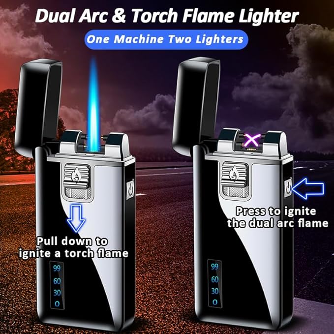 Torch Lighters Dual Arc Lighter 2 in 1 Jet Flame Butane Lighter Electric Lighter USB Rechargeable Lighter Windproof Infinity Lighter Battery Indicator for Camping Indoor (Silver)