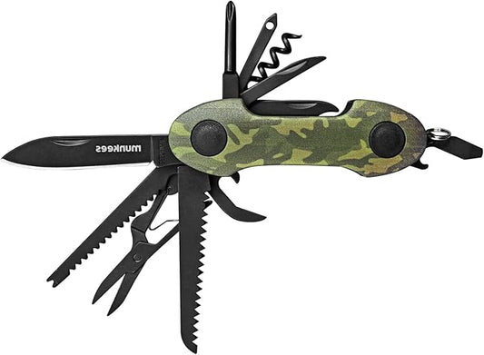 14-in-1 pocket multi-tool, camo stainless steel tool with blade, scissors, corkscrew, serrated, screwdriver, outdoor, fishing, hiking, camping Green