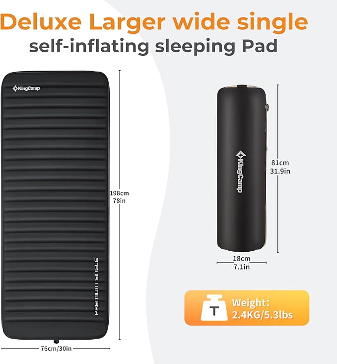 KingCamp Self Inflating Sleeping Pad for Camping Ultra Thick Double Single Foam Mattress High R Value Camping Air Pad Mat, Multi Colors & Sizes