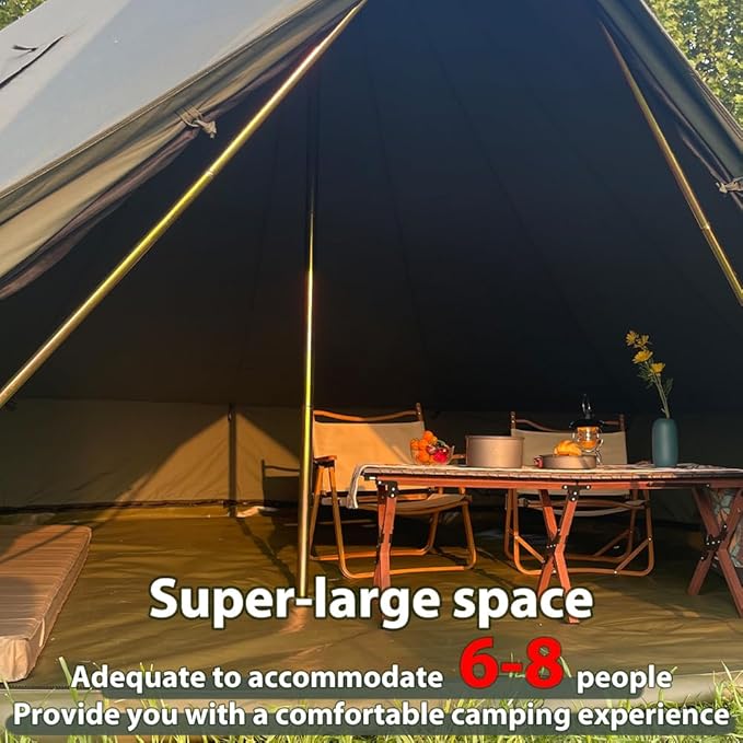 Cotton Canvas Bell Tent with Stove Jack, Roomy Yurt for Family Glamping Camping, 4 Season Tent with Zipped Removable Floor