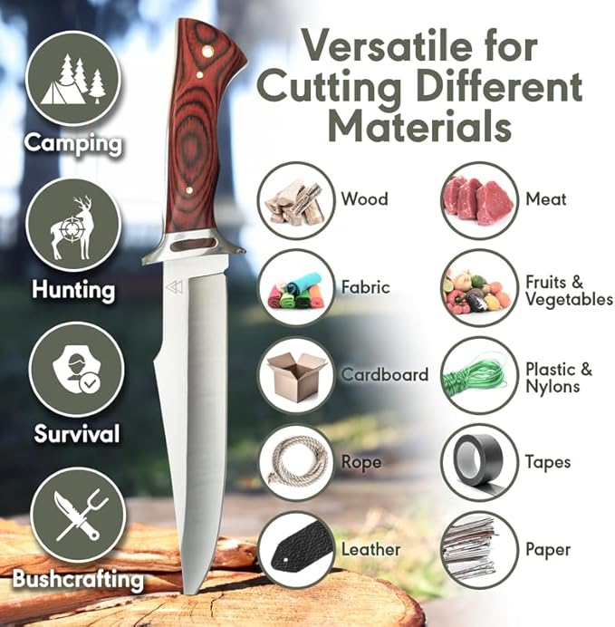 Hunting Knife With Holster, 12 Inch Fixed Blade Hunting Knives, Full Tang Survival Knife with Sheath, High Carbon 440C Stainless Steel By Kratos - ZF7