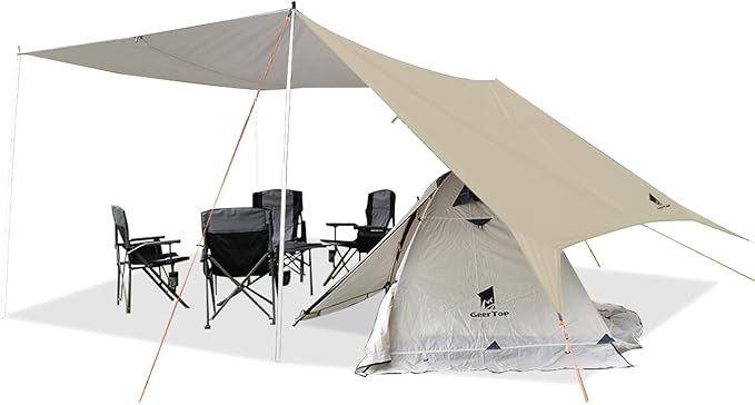 GEERTOP Large Camping Tent Tarp 17 x 10 ft Outdoor Waterproof Hammock Rain Fly Backpacking Tent Tarp Shelter for Survival Travel Khaki (Not Includes Poles)