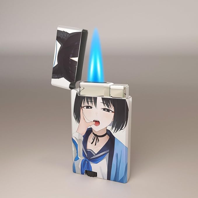 Anime Girl Windproof Flame Adjustable Lighter,Cool,Jet Torch Flame Lighters,Butane Refillable Torch,BBQ Candles Camping (No Butane Fuel)