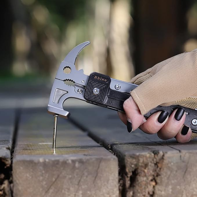 ROXON 16 in One Tools Camping Hammer Multitool with flint stone, replaceable cutter, Best Camping Accessories with plier, knife, bottle opener, saw, ruler