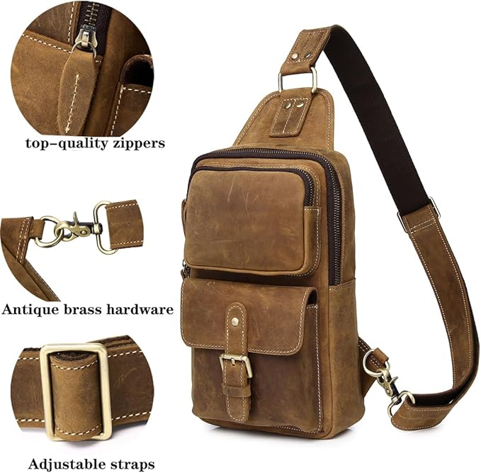 KPYWZER Sling Bag Men Women Vintage Full Grain Genuine Leather Shoulder Backpack Satchel Chest Casual Daypack Crossbody Outdoor Day Pack Backpacks Brown