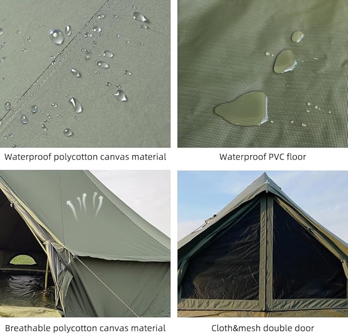 Cotton Canvas Bell Tent with Stove Jack, Roomy Yurt for Family Glamping Camping, 4 Season Tent with Zipped Removable Floor