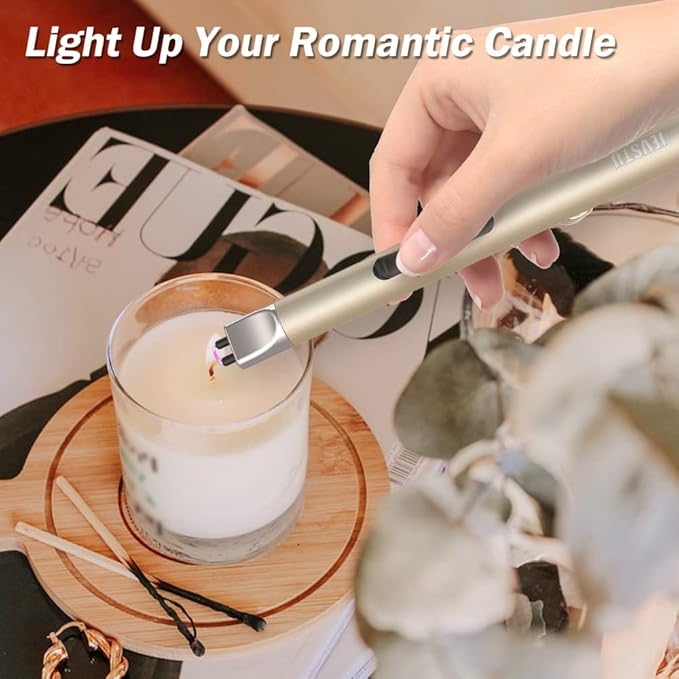 Candle Lighter, Electric Lighter Rechargeable USB Lighter, Arc Windproof Flameless Plasma Lighter Long Stick with Rope and Ring, No Butane Fluid, Perfect for Candle BBQ Camping Kitchen Stove, Gold