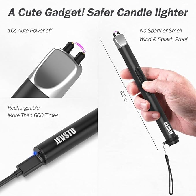 Electric Lighter, Candle Lighter USB Rechargeable Lighter, Arc Windproof Flameless Plasma Lighter Long Stick with Rope and Ring, Perfect for Candle BBQ Camping Kitchen Stove, Black