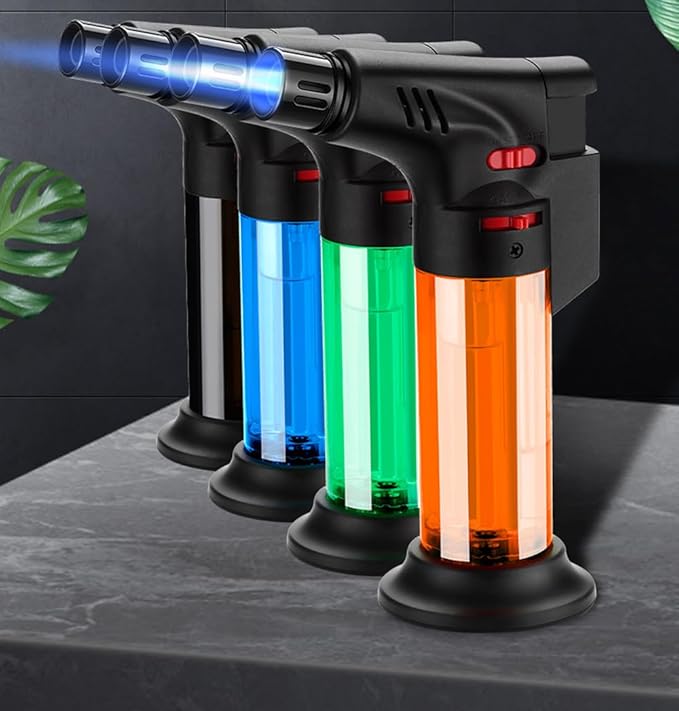 Butane Torch Lighter Set,Candle Lighter Refillable, Jet Flame,Windproof,Adjustable Flame, Safety Lock, Ideal for Culinary, Crafts, Camping,Cooking, 4 Colors Pack,(Butane Not Included)