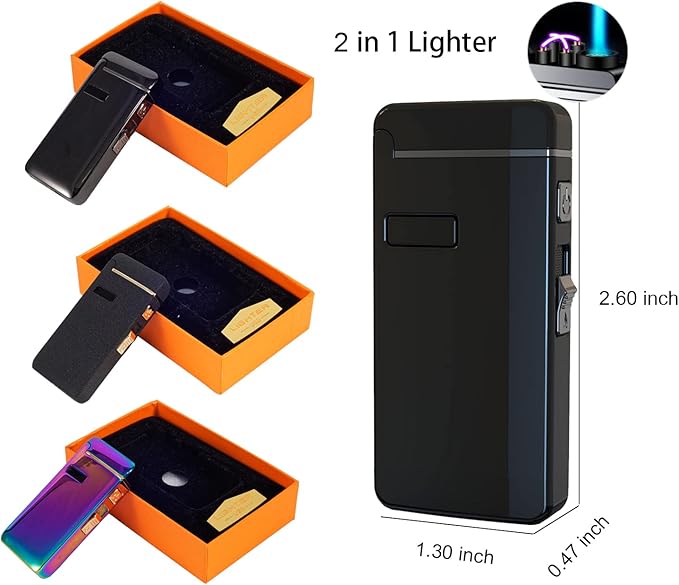 Windproof Dual Arc Lighter Rechargeable Torch Lighter USB Inflatable Jet Flame Lighter Refillable Brush Black Color for Kitchen BBQ