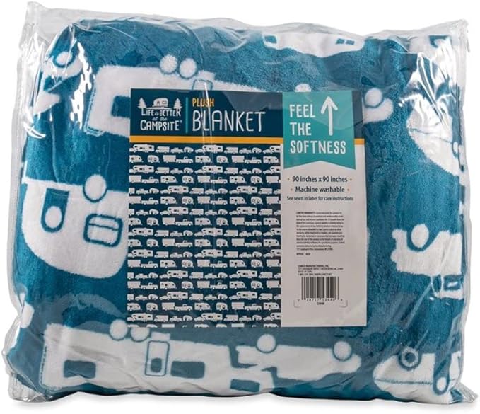 Camco 53440 Life is Better at The Campsite Plush Fleece Blanket, Queen Size - Keeps You Warm While at Home, Camping or on Picnics - Machine Washable - Features a Brand RV Print, Blue
