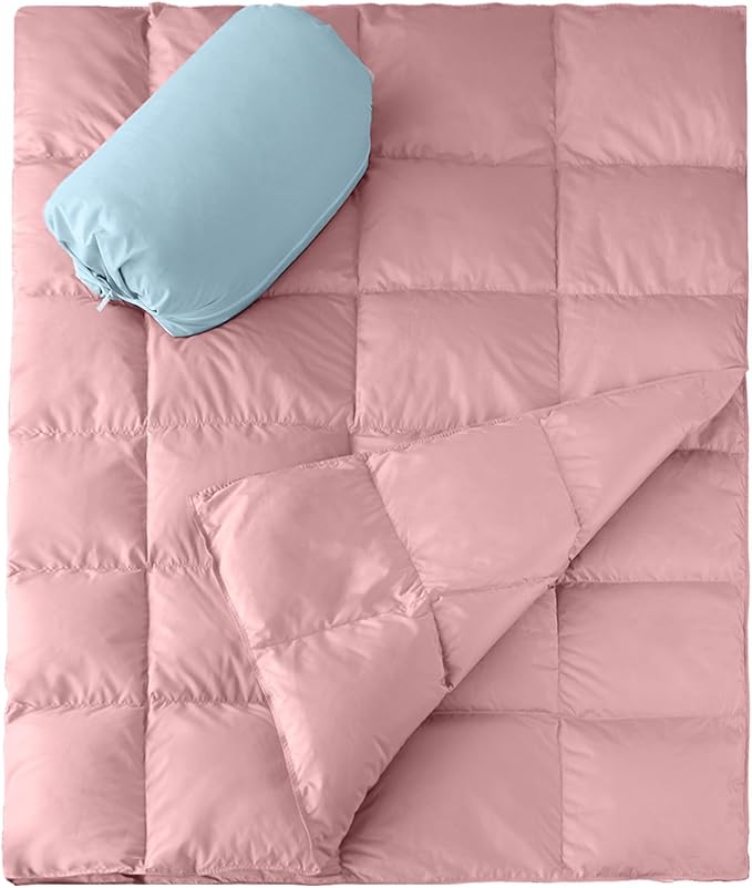 Soft Down Blanket Fluffy Lightweight Warm, Compact Portable Travel Throw Camping Blanket & Pillow Cushion, Airplane Train Beach Glamping Indoor Outdoor, 800 Fill Power 50x70'' Baby Pink