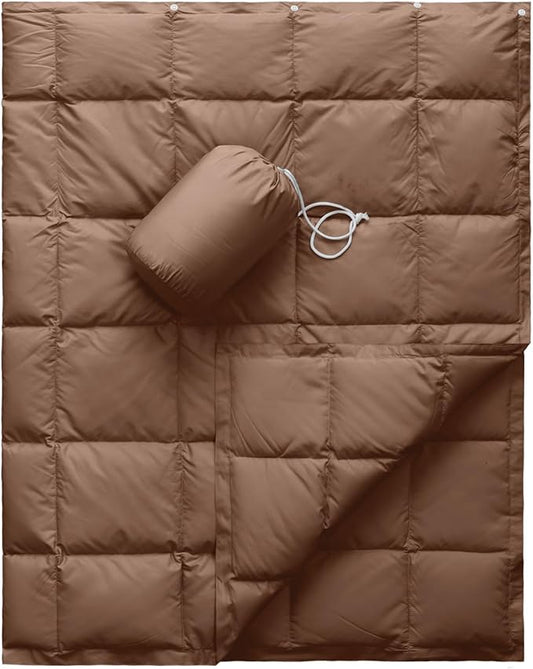 Mini Down Camping Blanket,Puffy Down Blanket Packable Lightweight Down Throw Quilt Water-Resistant Outdoor Travel Blanket for Camping,Hiking,Stadium,Picnic,Car 35x59''Brown