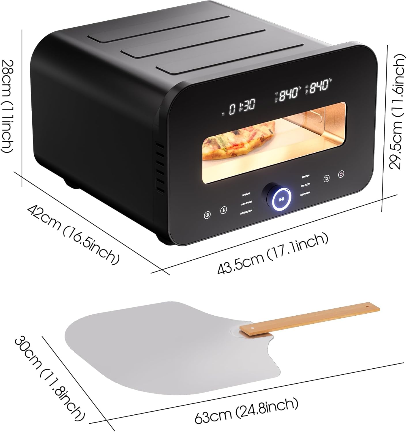 1700W Countertop Electric Pizza Oven, Heats to 840℉ with Presets, 60-Minute Timer, Includes Pizza Stone & Peel, Indoor Outdoor Pizza Maker
