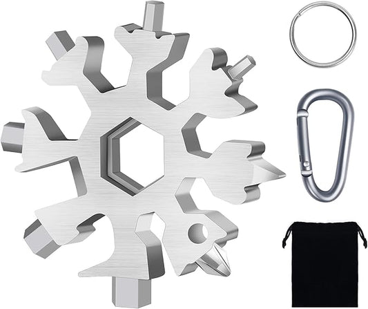 Snowflake Multitool, 1 Pieces 18-in-1 Stainless Steel Snowflake Standard Multitool, Snowflake Tool with Key Ring, Carabiner Clip and Gift Bag (Silver)