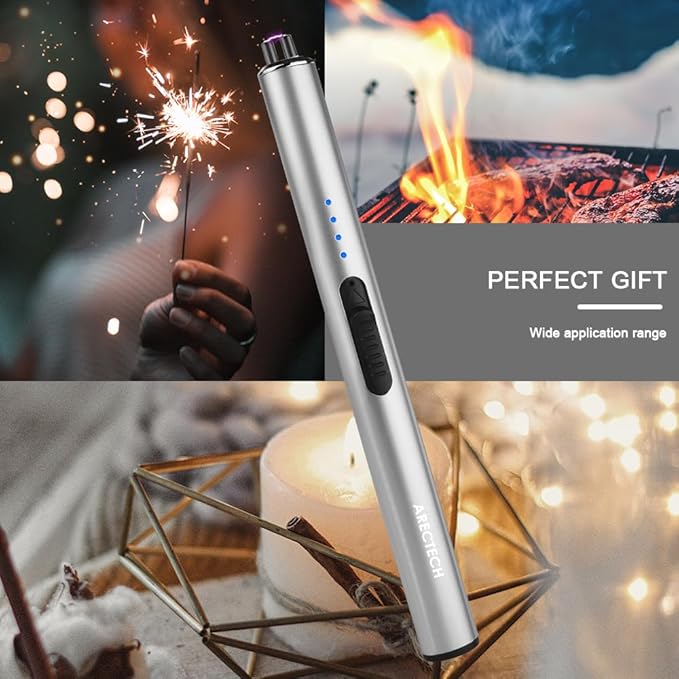ARECTECH Electric Candle Lighter Rechargeable Lighter Arc Plasma Lighters for Candle Kitchen Camping Christmas Type-C Silver
