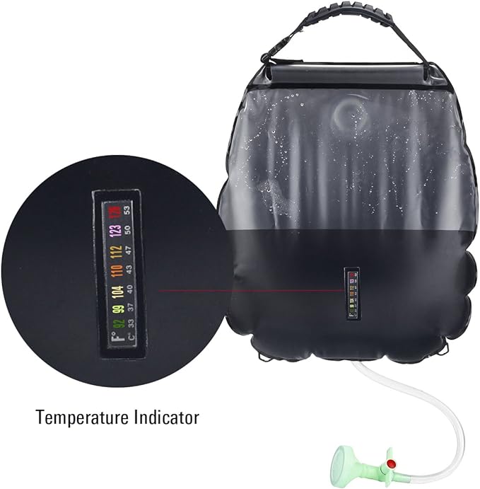 Solar Shower Bag, RISEPRO 5 gallons/20L Solar Heating Premium Camping Shower Bag Hot Water with Temperature 45°C Removable Hose on/Off Switchable Shower Head Hiking Climbing Summer Shower K8