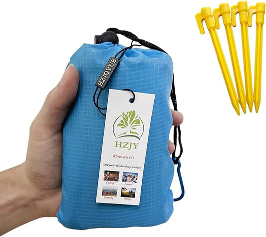 Outdoor Blanket (71" x 55") -Compact, Lightweight, Sand Proof Pocket Blanket Best Mat for The Beach, Hiking, Travel, Camping, Festivals with Pockets, Loops, Stakes, Carabiner