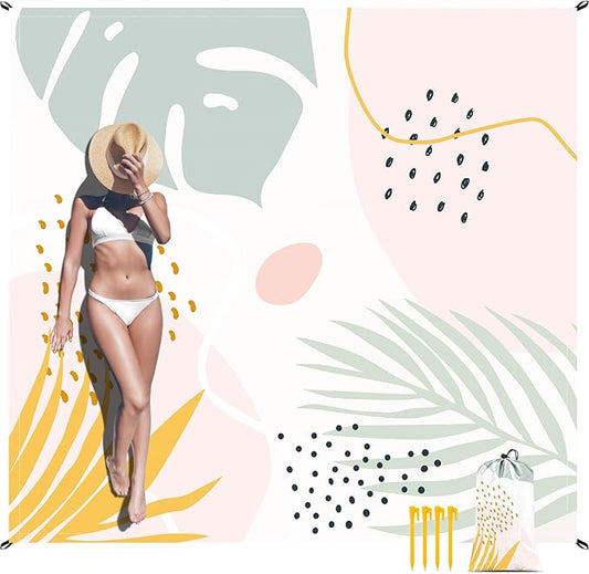 Waterproof Beach Blanket, 110''×118'' Extra Large Sand Free Beach Mat 4-8 Adults, Lightweight Portable Polyester Outdoor Picnic Blanket with 4 Stakes & 4 Corner Pockets for Camping, Travel