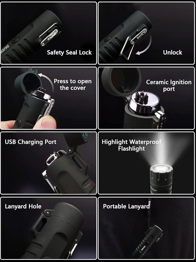 SKRFIRE Electric Lighter Rechargeable USB Plasma Dual Arc Lighter Waterproof Cool Portable Candle Lighter with Compass Flashlight Windproof Outdoor Lighter with Gift Box for Camping, Hiking (Black)