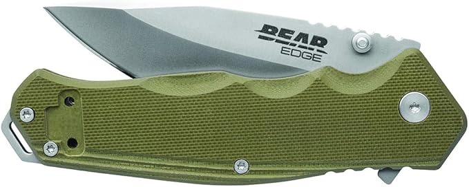 Bear Edge G10 Sideliner, 3 3/8” 440 High Carbon Stainless Steel Blade, Green G10 Handle, Trigger Open and Reversible Pocket Clip (61102)