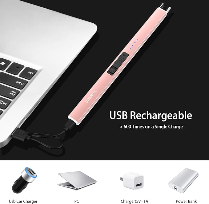Electric Candle Lighter Plasma Arc Lighters USB Long Stick Lighters Windproof Flameless with Rechargeable Battery Safety Lock for Candle Camping BBQs Fireworks (Rose Gold)