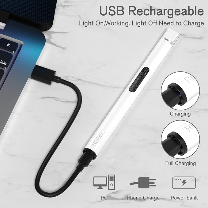 REIDEA Electronic Candle Lighter Arc Windproof Flameless USB Rechargeable Lighter with Safe Button for Home Kitchen (2 Pack White)