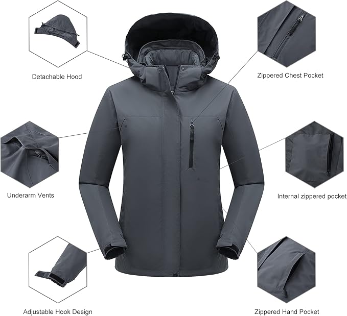 Women's 3 in 1 Ski Jacket Mountain Waterproof Windproof Winter Snow Coat Hike Snowboarding Jackets Hooded Warm Raincoat