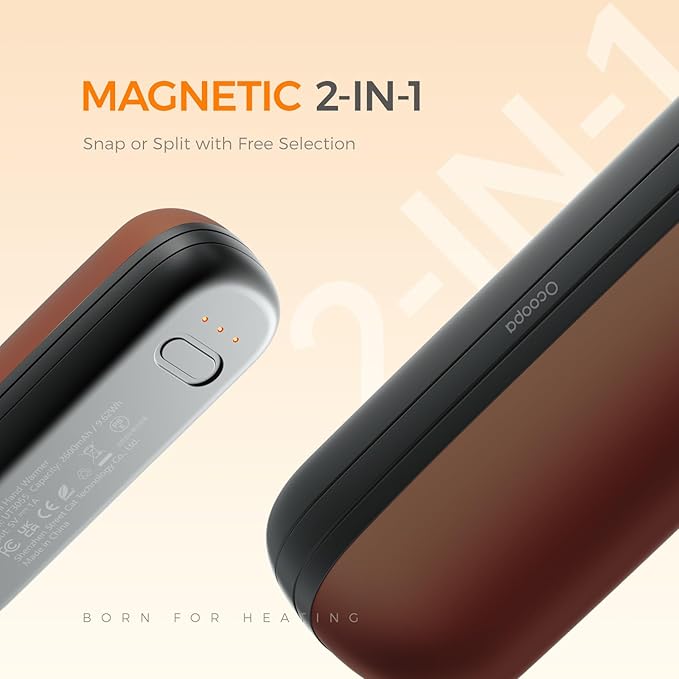 OCOOPA 2 in 1 Magnetic Rechargeable Hand Warmers, UT2s Mini Electric Handwarmers 2 Pack, Split USB-C, Reusable Portable Pocket Heater, Raynauds, Golf, Tech Gifts for Women Men