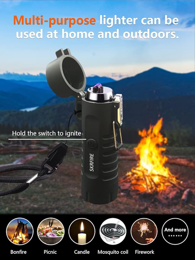 SKRFIRE Electric Lighter Rechargeable USB Plasma Dual Arc Lighter Waterproof Cool Portable Candle Lighter with Compass Flashlight Windproof Outdoor Lighter with Gift Box for Camping, Hiking (Black)