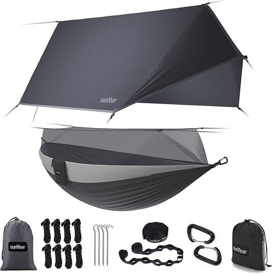 Sunyear Camping Hammock, Portable Single & Double Hammock with Net, 2 Person Hammock Tent with 2 * 10ft Straps, Best for Outdoor Hiking Survival Travel