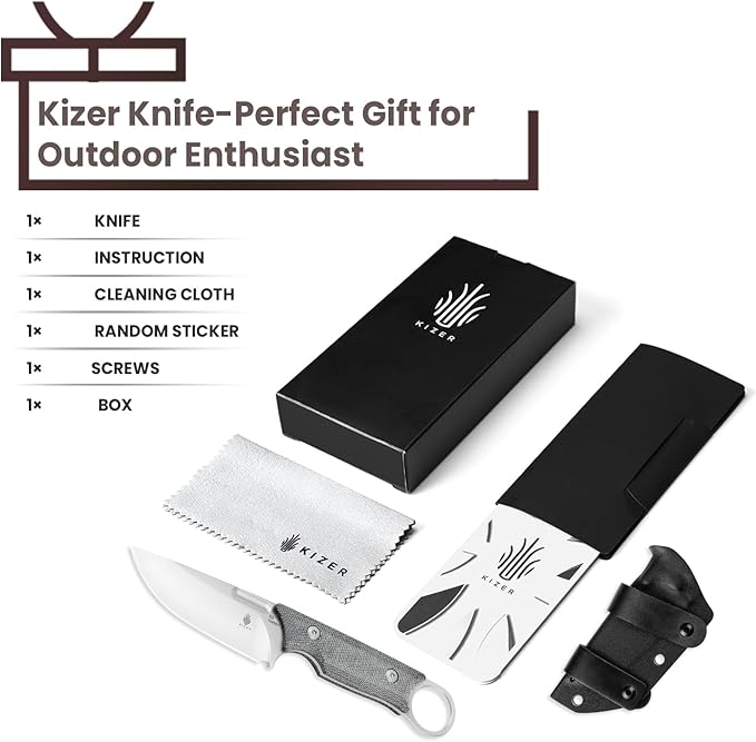 Kizer Cabox Fixed Blade Knife 3.35 Inches D2 Steel Fixed Blade Hunting Knife Micarta Handle with Sheath Pocket Knife1048A1